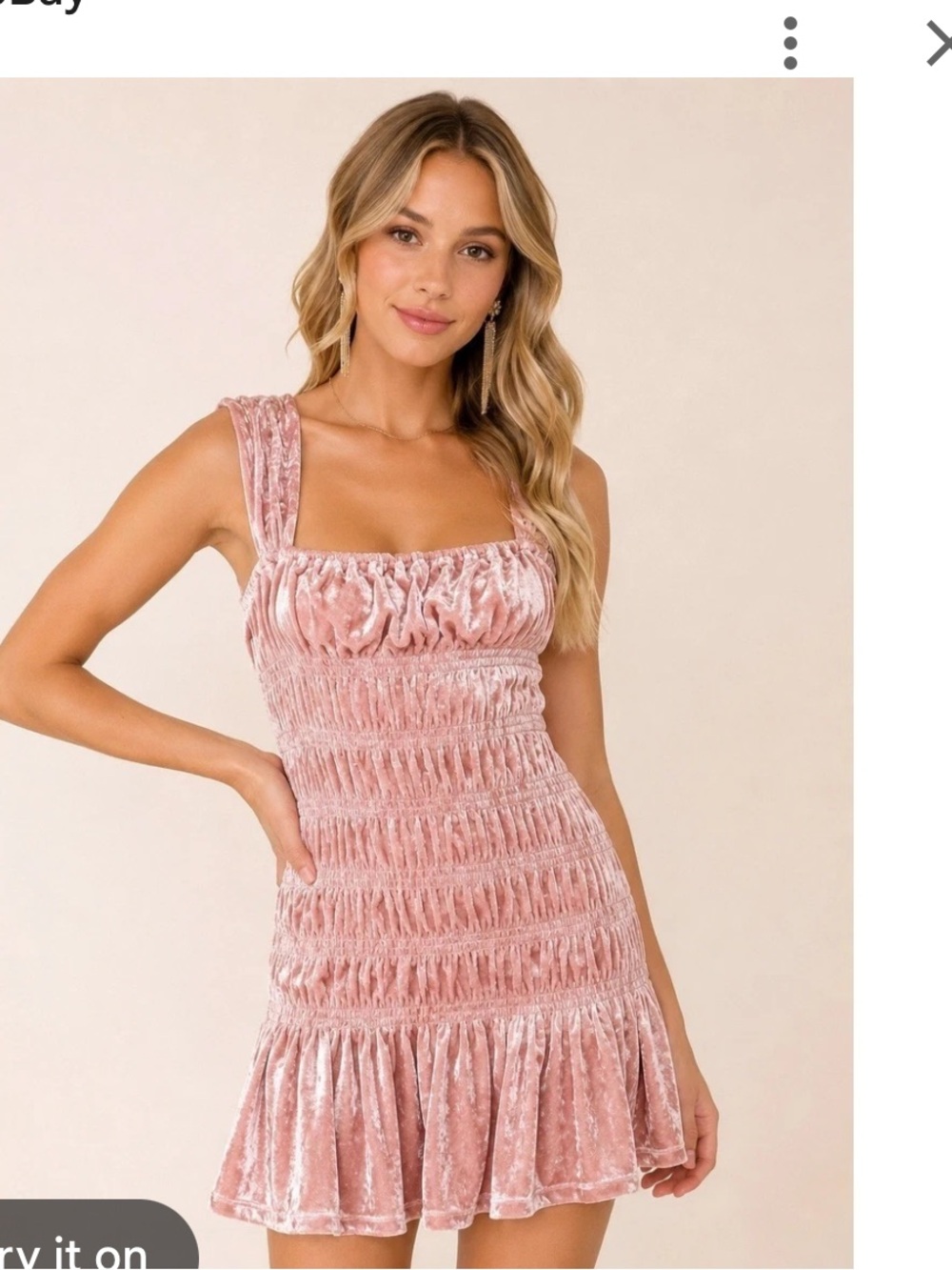 NWT Endless Rose Velvet Smocked Square-Neck Dress in Blush Pink